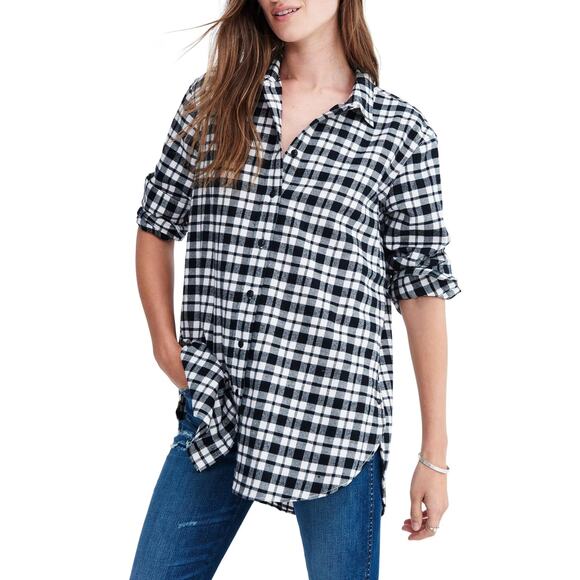 Madewell Womens Oversized Side Button Shirt Medium Flannel Plaid Black White - Picture 2 of 9